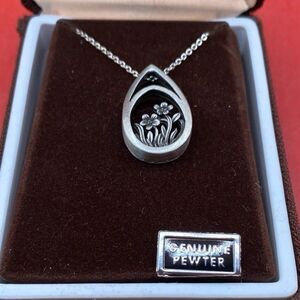 Medici Pewter Women’s Necklace Teardrop Flowers 27” NIB